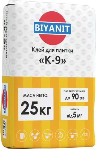 Біяніт Клей для плитки К-9  (для керамічної плитки) 25кг.